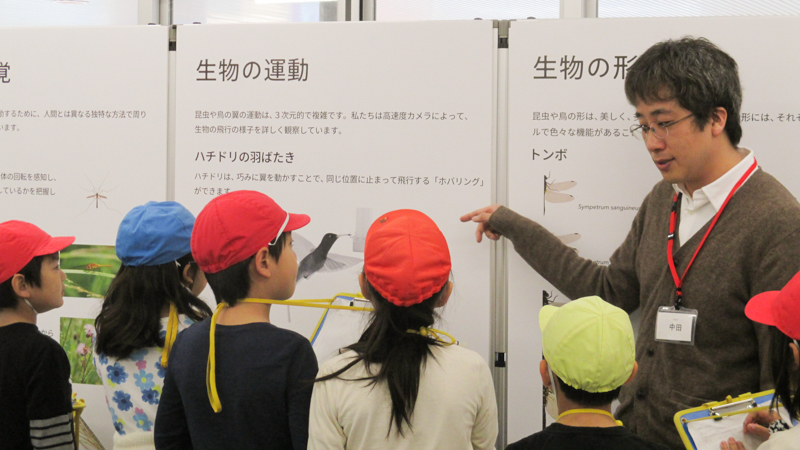 展示会場にて生き物の特性について小学生に説明する中田敏是助教。